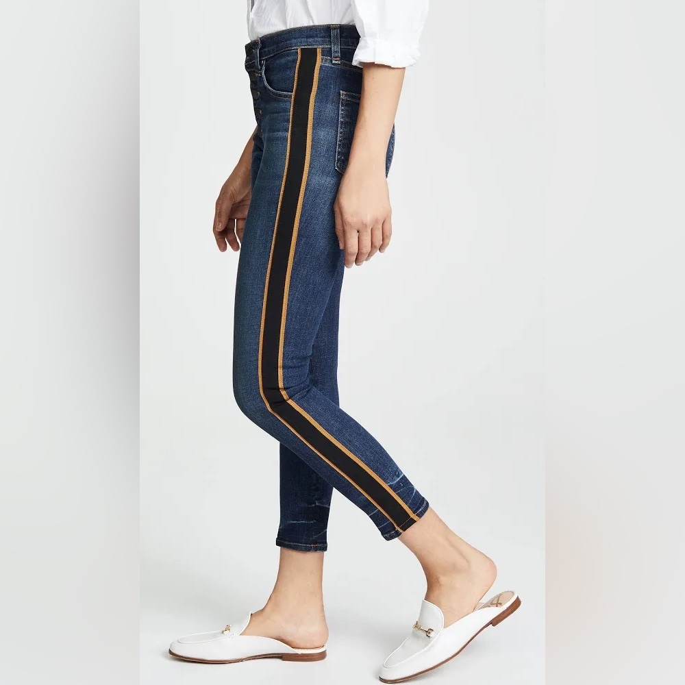 NEW Veronica Beard Crop Slim Fit Button Fly Tuxedo Stripe Jeans in Dark Wash - Picture 4 of 12